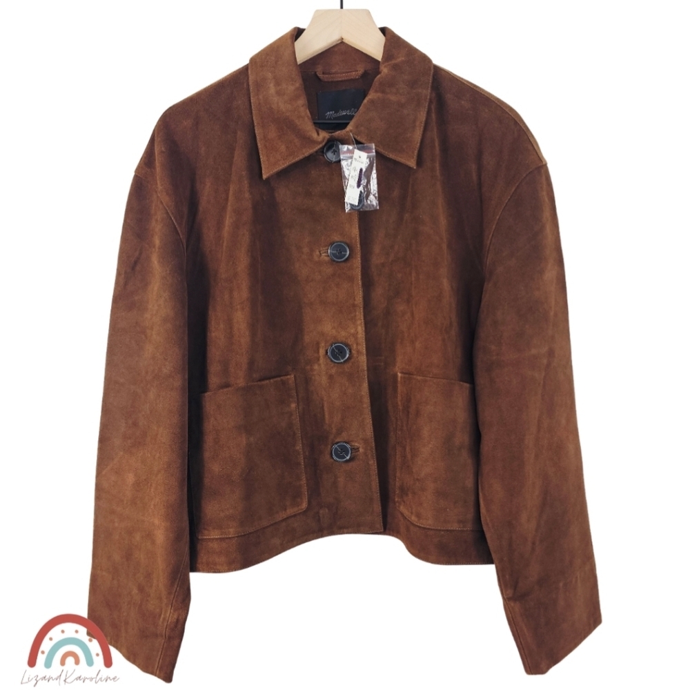 New! Madewell Boxy Crop Jacket in Suede Dark Roast Suede - Picture 4 of 16